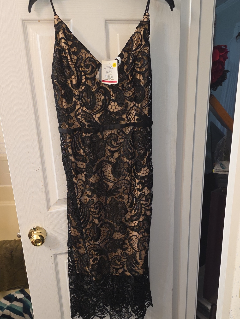 David's Bridal Black Lace over Nude Midi Dress